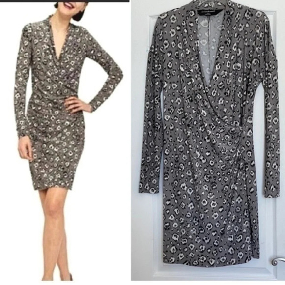 Norma Kamali Dresses & Skirts - Norma Kamali | Grey & Black Leopard Print Long Sleeve Fitted Sheath Dress Size M